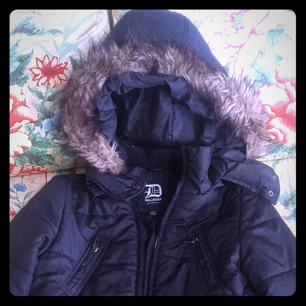 Black puffer jacket w hood - women’s size small